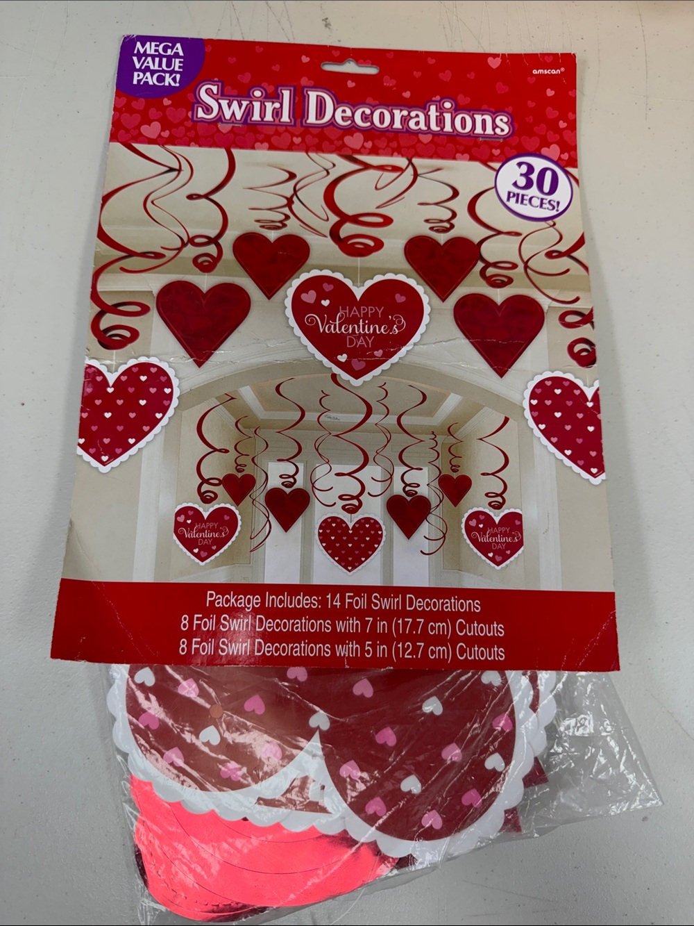 Amscan Red and White Heart Foil Swirl Decorations - 30 Pieces mega value pack